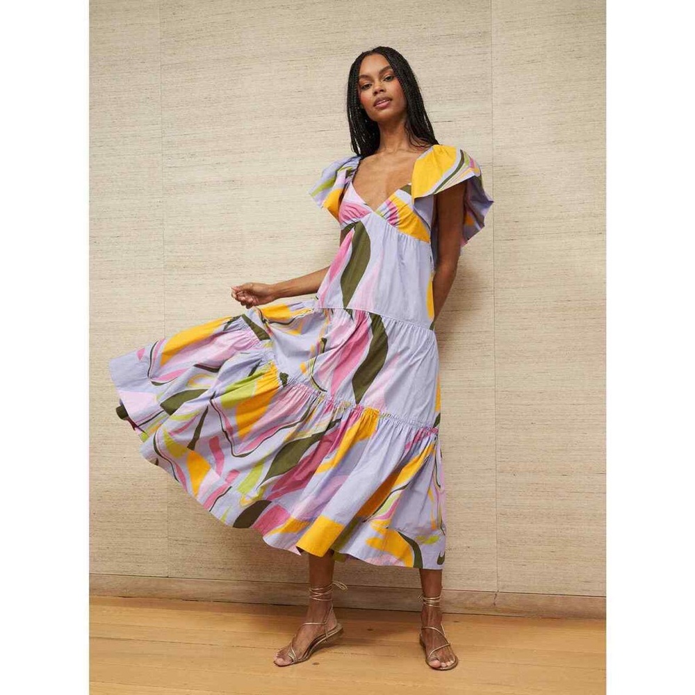 La Ligne Stella Maxi Flutter Sleeve Open Back Dress Lavender Multi Small NWT